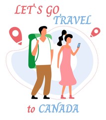 Lets go travel to canada. Young romantic couple during hiking adventure travel or camping trip. Flat colorful vector illustration.