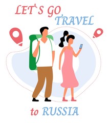 Lets go travel to russia. Young romantic couple during hiking adventure travel or camping trip. Flat colorful vector illustration.