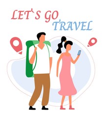 Lets go travel. Young romantic couple during hiking adventure travel or camping trip. Flat colorful vector illustration.