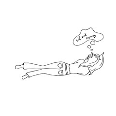 A girl sleeps on a pillow during a break at a remote job. Illustration with black lines on a white background. Doodle illustration