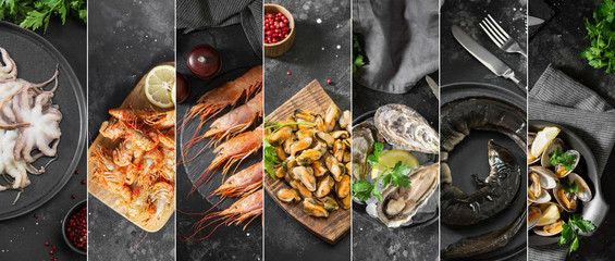 Food collage. Collage of food from a variety of seafood. Collage of photos of langoustines, oysters, shrimp, eel and clams