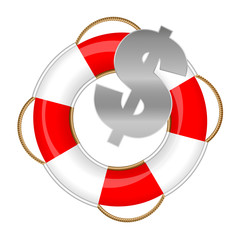 Dollar symbol in a lifebuoy, symbolic for rescue fund, financial emergency, business protection, bankruptcy and global economy depression. Vector illustration. 
