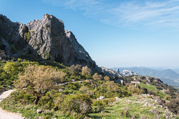 A dirt road under a big mountain that leads to a country house on a sunny day.
