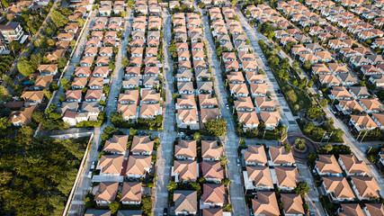 bird eye view or Top view of the village with the sunset in the evening.