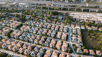 bird eye view or Top view of the village with the sunset in the evening.