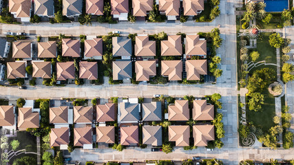 bird eye view or Top view of the village with the sunset in the evening.