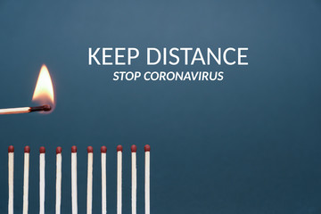 Maintain a distance between you and other people. Social distancing concept using burnt out match sticks as a metaphor for containing coronavirus or any virus or pandemic outbreak. Stay at home