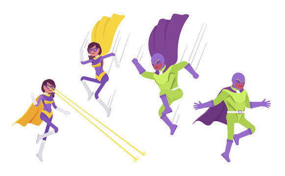 Male and female super hero in attacks or defense pose. People with superhuman powers, heroic strong brave warriors with great extraordinary abilities. Vector flat style cartoon illustration