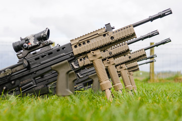 A row of army assault rifles sitting on grass