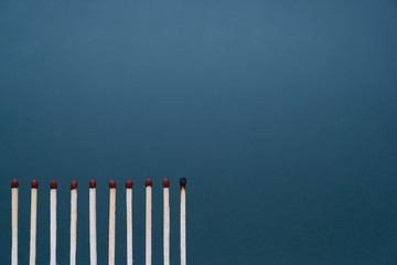 Maintain a distance between you and other people. Social distancing concept using burnt out match sticks as a metaphor for containing coronavirus or any virus or pandemic outbreak. Stay at home