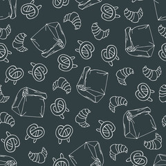 Paper bag with Croissant and pretzels seamless pattern. Black white sketch illustration. Hand drawn pastries digital paper. Doodle. White on blackboard. For logo, wallpaper, fabric, packing, wrapping