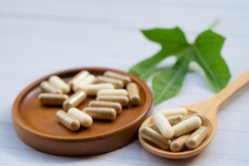 Alternative medicine herbal organic capsule with mineral, drug with herbs leaf natural supplements...