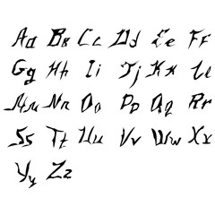 Black color handwriting of english alphabet on white background.