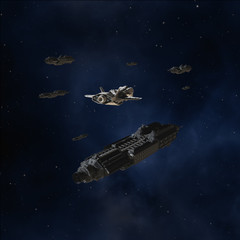 Science fiction illustration of an interstellar convoy in deep space with escort ships, 3d digitally rendered illustration