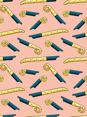 Blue and yellow party whistles seamless pattern on beige background