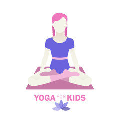 Fototapeta na wymiar Kids yoga design concept with girl in yoga position. Little girl sitting in lotus position