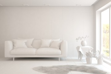 White minimalist living room with sofa. Scandinavian interior design. 3D illustration