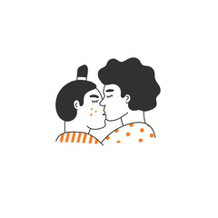 Gay female lesbian Couple being loving and happy. Two girls kissing. Pride community concept. Hand drawn Vector illustration. Isolated on white background