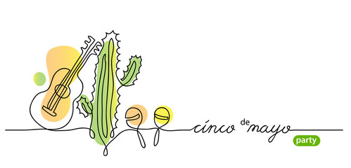 Cinco de mayo, means 5 May, party simple vector background. Mexican minimalist illustration and cinco de mayo handwritten text. One continuous line drawing of cactus, maracas, guitar.