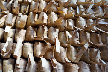Ketupat is indonesia traditional food. Ketupat is Rice cake boiled in a rhombus-shaped packet of plaited young coconut leaves.