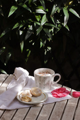 White porcelain cup of hot coffee, cappuccino with three Italian amaretti cookies.Summer breakfast in a terrace - coffee, amaretti and flowers