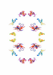 set of marine life. octopus, cuttlefish. watercolor. can be used as background, pattern, web, printing on postcards, books, textiles, fabric, clothes