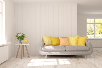 White living room with sofa. Scandinavian interior design. 3D illustration