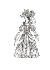 lady in vintage old-fashioned dress and broad-brimmed hat