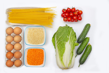 Food layout of food, top view. Food delivery concept on white background, donation.