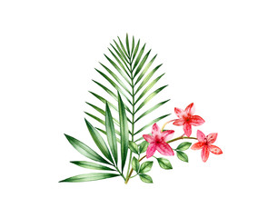 Watercolor tropical bouquet. Floral arrangement with vibrant flowers and palm leaves. Colourful exotic plants isolated on white. Botanical hand drawn illustration