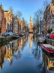 Panoramic view on historic city center and city canal in Amsterdam, Netherlands.