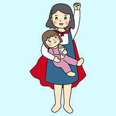 Vector of doodle flat design cartoon character mommy hold her daughter in her arms kids love her superhero mother, the red cover show the great. it's the unconditional love