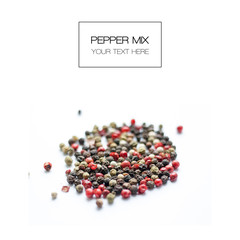 Paper mix. Black, red and white pepper balls isolated on white background. Top View. Food concept....