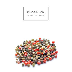 Paper mix. Black, red and white pepper balls isolated on white background. Top View. Food concept. Flat Lay