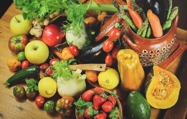 closeup of a rustic composition of fruit and vegetables