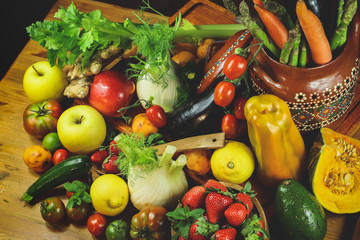 rustic composition of fruits and vegetables