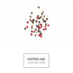 Paper mix. Black, red and white pepper balls isolated on white background. Top View. Food concept. Flat Lay