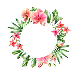 Watercolor floral background. Orange orchids and palm leaves arrangement. Round frame with place for text. Hand painted tropical background for cards. Botanical illustrations isolated on white.