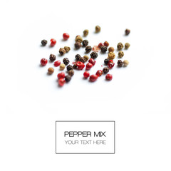 Paper mix. Black, red and white pepper balls isolated on white background. Top View. Food concept. Flat Lay