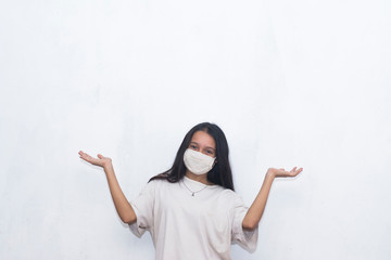 dark-haired woman with face mask, chinstrap, on a white background, coronavirus