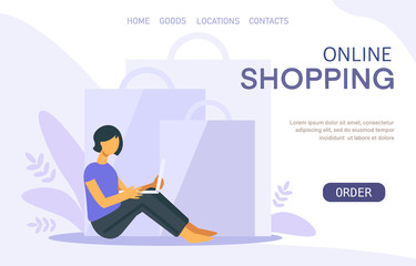 Obraz premium Flat design concept of Online Shopping with woman and laptop, order online, paper bags, leaves. Landing page template. Vector illustration