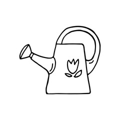 Hand drawn vector doodle illustration of  watering can with flower isolated on white background. Spring cares in the garden. Gardening tool design for card, banner, logo, print. 