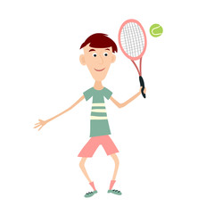 Obraz na płótnie Canvas Flat Design Boy Cartoon Holding Racket Playing Tennis Isolated on White Background. Tennis Player Symbol.