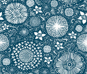 White flowers meadow background, Australian flora blue seamless pattern, top view, vector