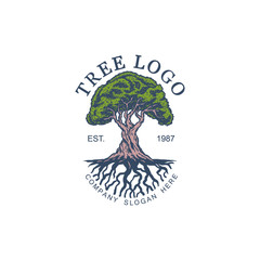 Vintage tree vector illustration logo design template, hand drawn line with digital color, vector illustration