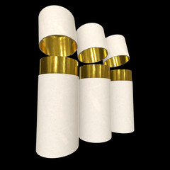 Kraft paper cardboard tube package with gold part mock up. 3d render on black background.