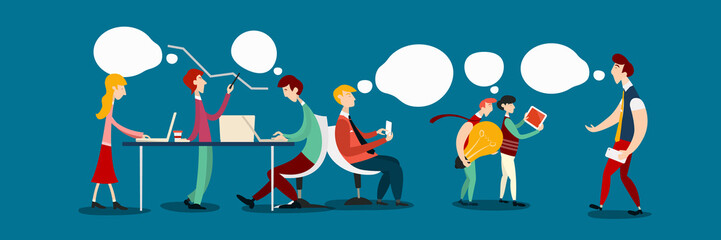 Creative Company Business Meeting - Women and Men in Office Vector Flat Design Cartoon. Hand Drawn Characters with Technology Devices and Empty Speech Bubbles.