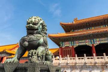 Bejing, China - May 10, 2019: The statue of Pixiu at the entrance of palace in China