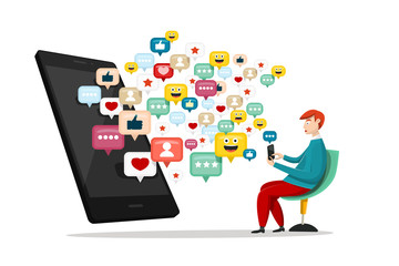 Addicted Business Man with Big Mobile Phone and Social Media Icons Isolated on White Background. Vector Technology Design. Internet Communication Addiction Concept.