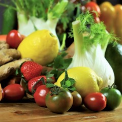 rustic composition of fruit and vegetables in a warm light
